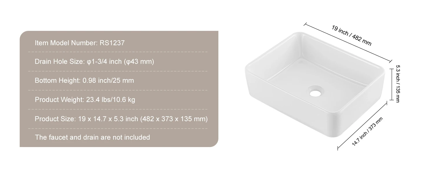 SucceBuy Rectangle Vessel Sink Bathroom Vessel Sink Countertop White Ceramic Bathroom Sinks Above Counter for Bathroom/Toilet