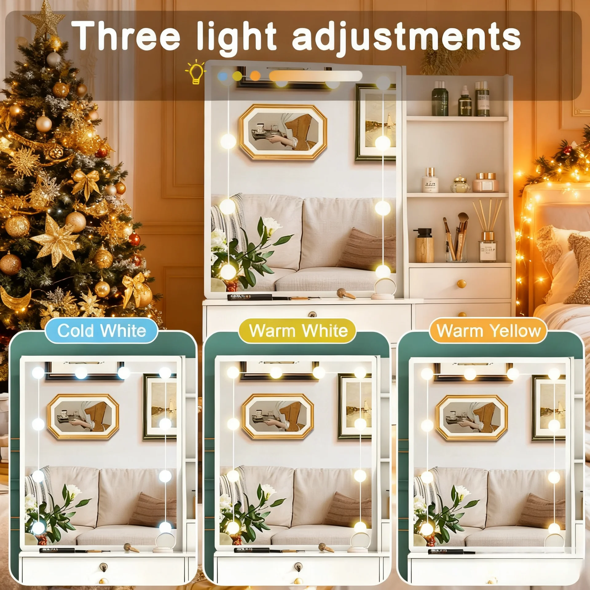 3-Color Dimmable LED Makeup Table with Mirror & Stool, 6-Drawer Storage Vanity Desk Set for Bedroom Dressing Area