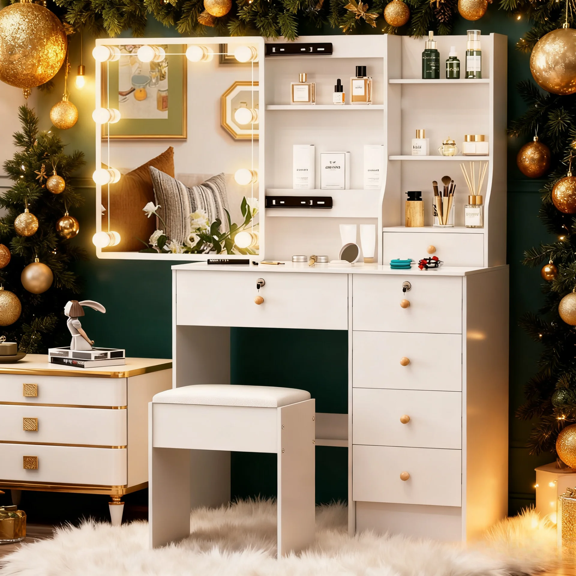 3-Color Dimmable LED Makeup Table with Mirror & Stool, 6-Drawer Storage Vanity Desk Set for Bedroom Dressing Area
