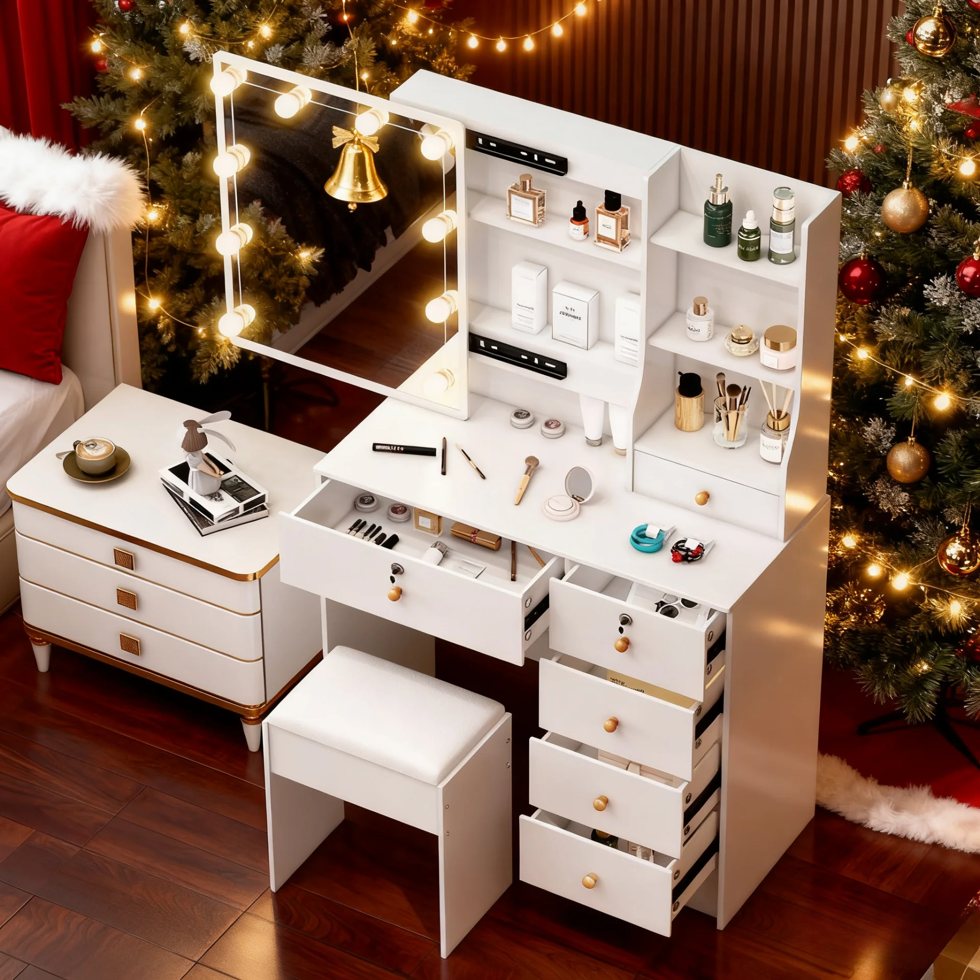 3-Color Dimmable LED Makeup Table with Mirror & Stool, 6-Drawer Storage Vanity Desk Set for Bedroom Dressing Area
