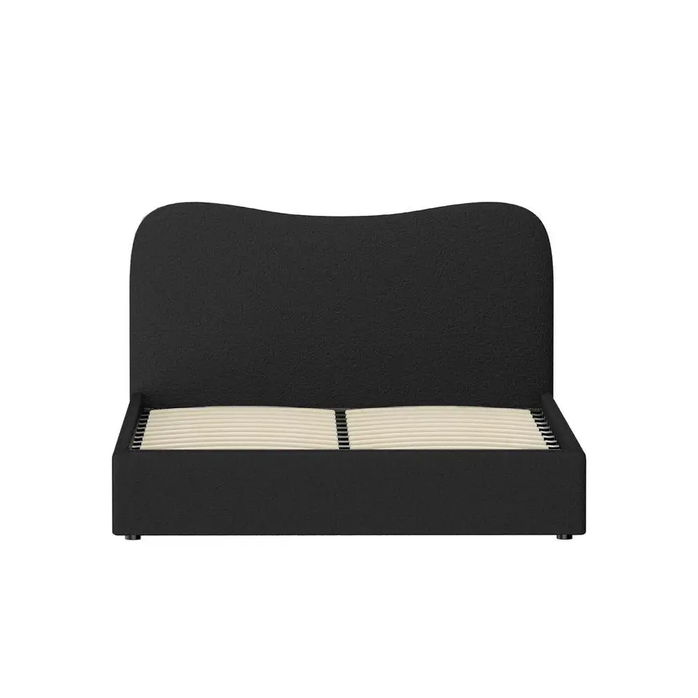 Double Size Boucle Upholstered Bed Frame Modern Fabric Platform Bed with Supportive Headboard and Wooden Slats for Bedroom Decor
