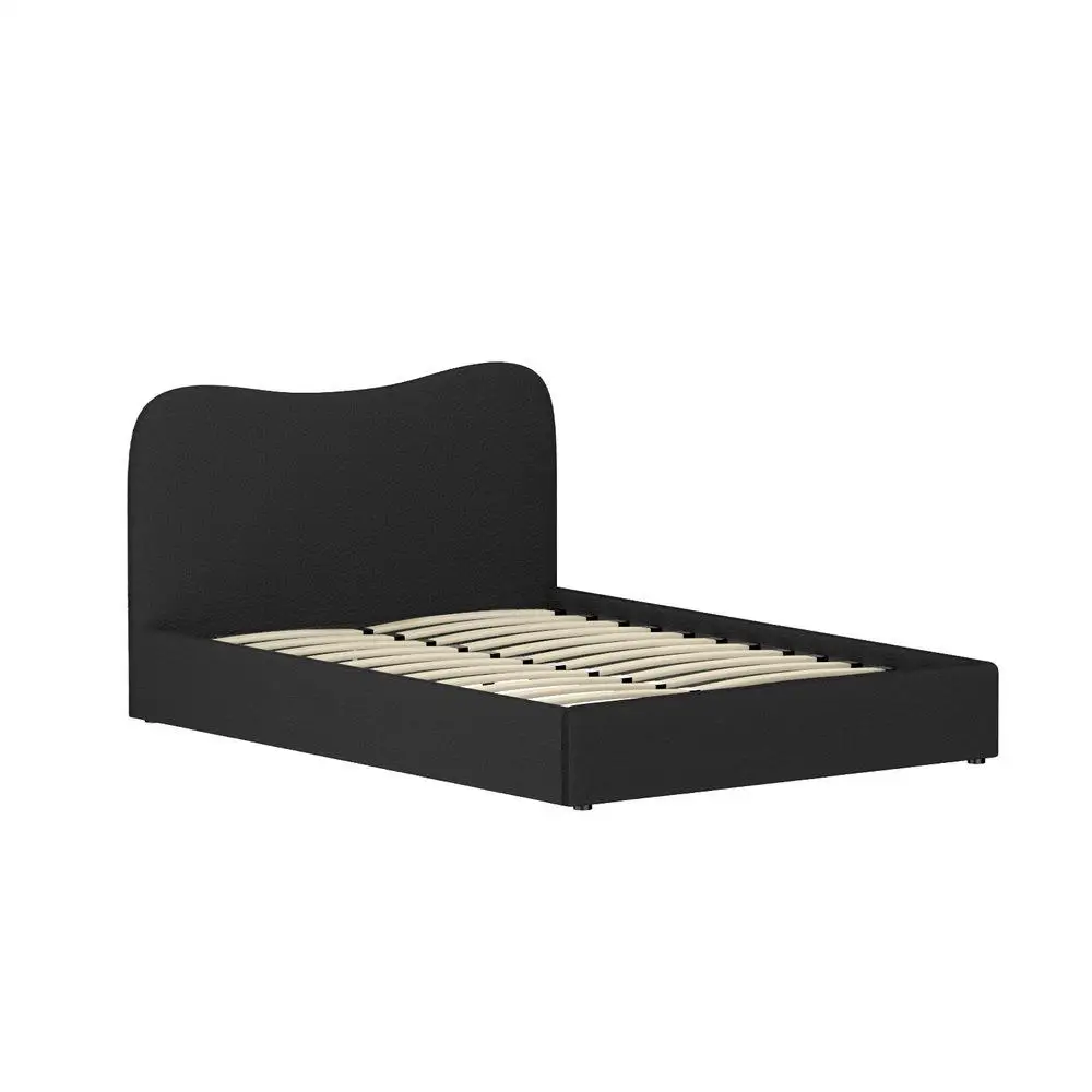 Double Size Boucle Upholstered Bed Frame Modern Fabric Platform Bed with Supportive Headboard and Wooden Slats for Bedroom Decor