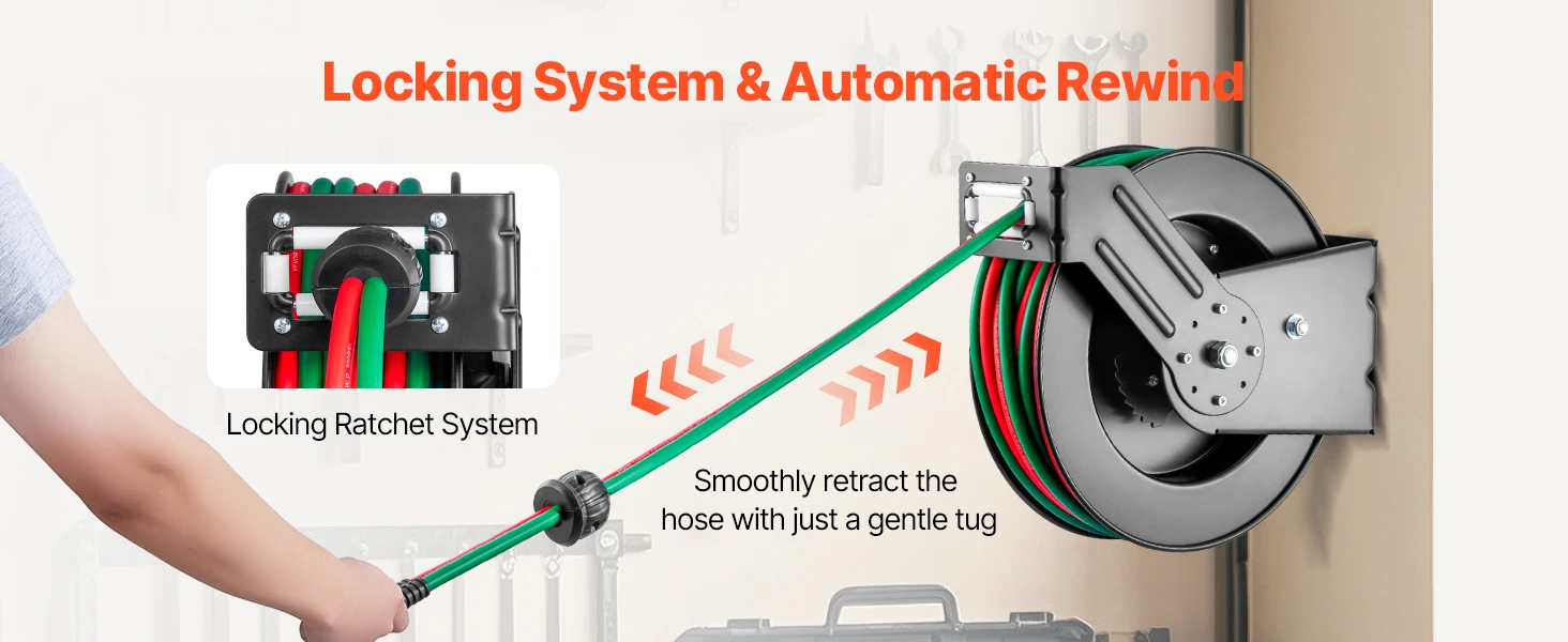 SucceBuy Retractable Welding Hose Reel 1/4Inchx50FT Twin Oxygen Acetylene Rubber Hose Max 300PSI - T Grade for Workshops Garages