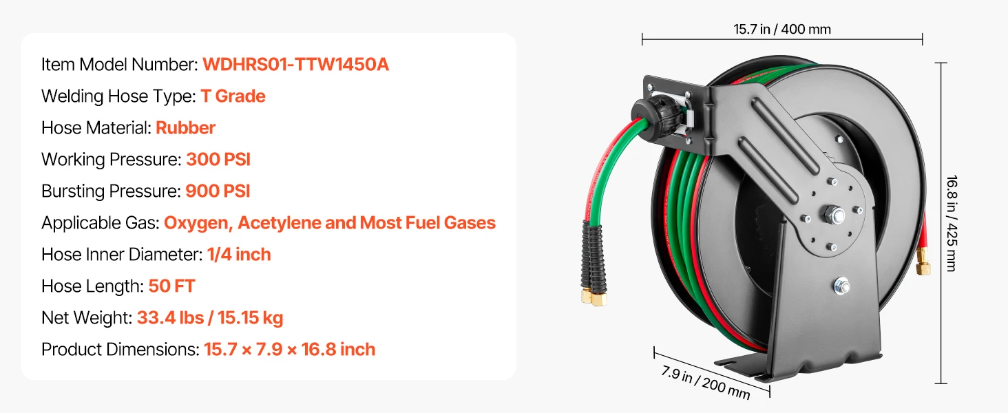 SucceBuy Retractable Welding Hose Reel 1/4Inchx50FT Twin Oxygen Acetylene Rubber Hose Max 300PSI - T Grade for Workshops Garages