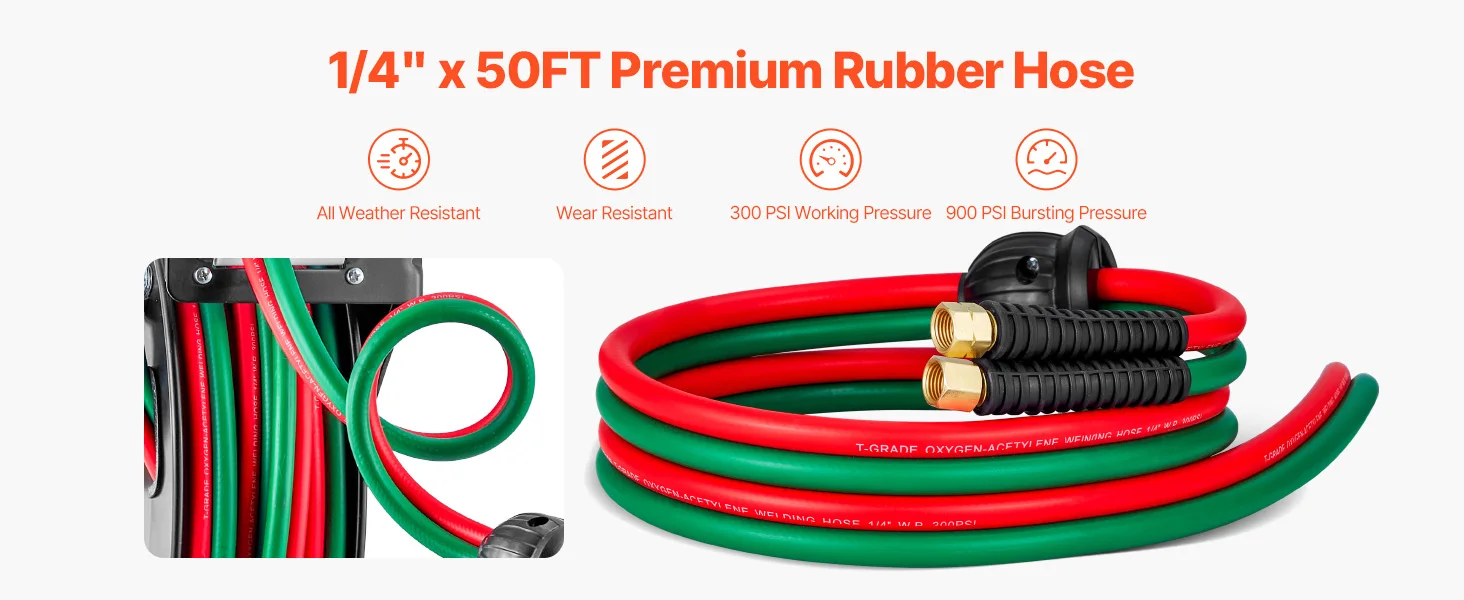 SucceBuy Retractable Welding Hose Reel 1/4Inchx50FT Twin Oxygen Acetylene Rubber Hose Max 300PSI - T Grade for Workshops Garages