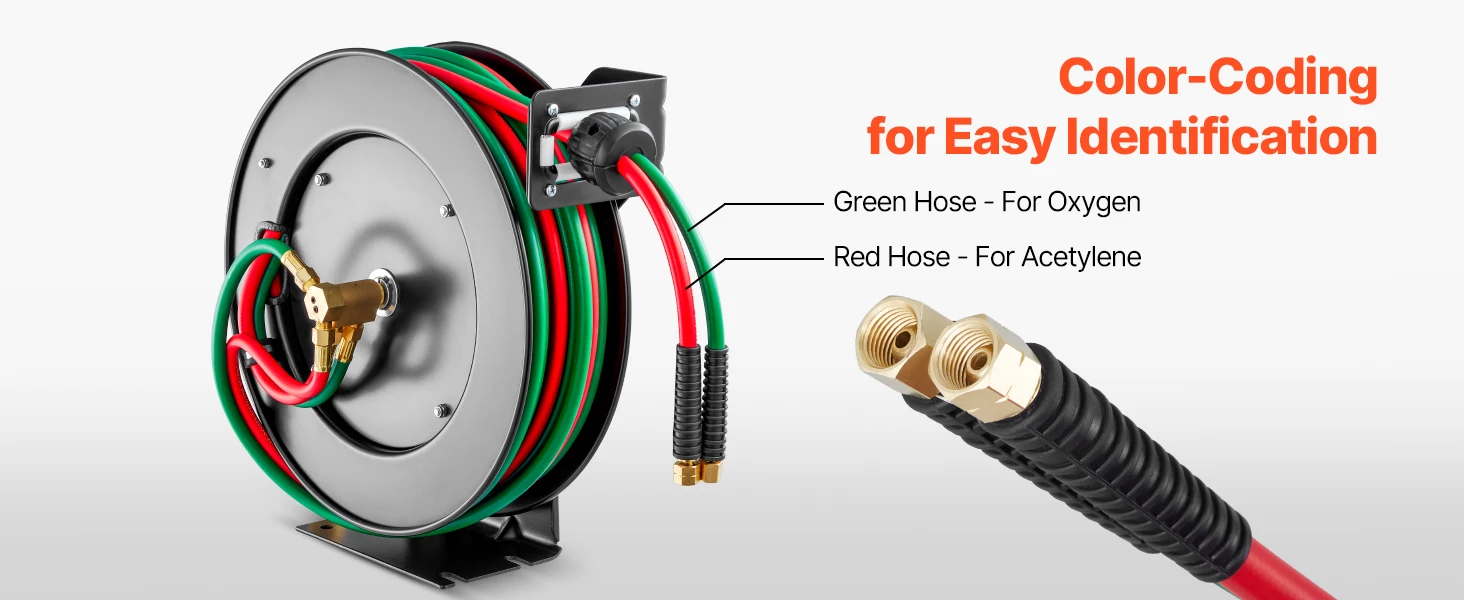 SucceBuy Retractable Welding Hose Reel 1/4Inchx50FT Twin Oxygen Acetylene Rubber Hose Max 300PSI - T Grade for Workshops Garages