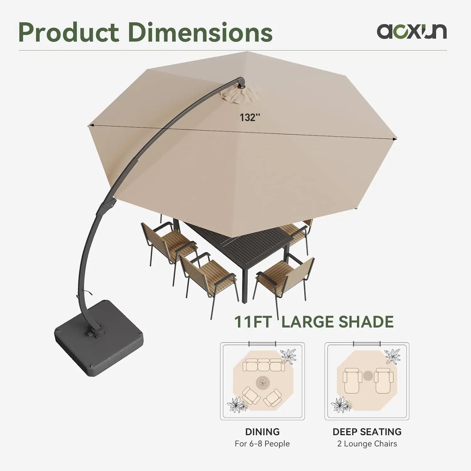 Aoxun 11ft Cantilever Umbrella Large Courtyard Aluminum Offset Umbrella Windproof 360 Degree Rotation Heavy Duty Frame With 8 Sturdy Ribs For Outdoor Swimming Pools Decks And Gardens