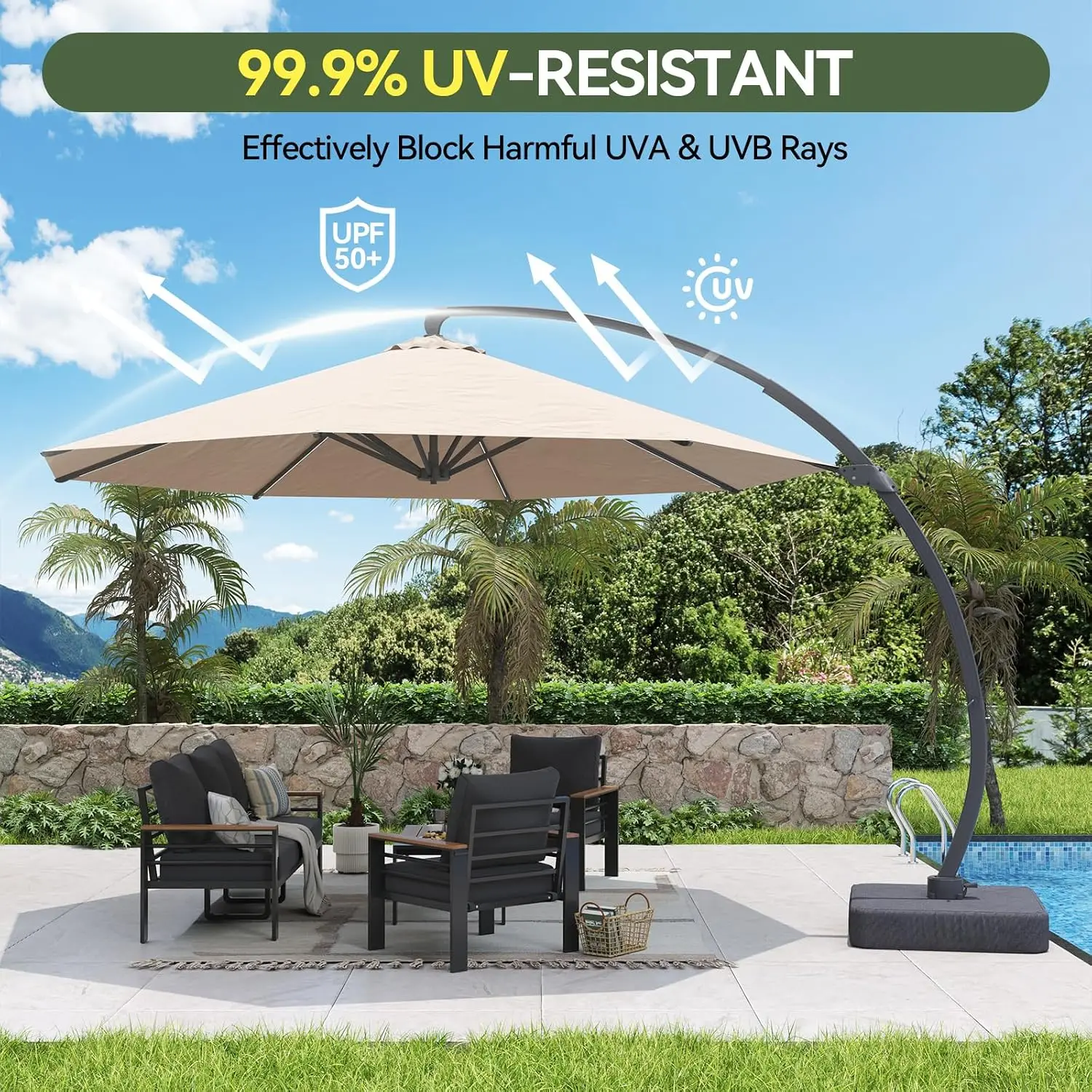 Aoxun 11ft Cantilever Umbrella Large Courtyard Aluminum Offset Umbrella Windproof 360 Degree Rotation Heavy Duty Frame With 8 Sturdy Ribs For Outdoor Swimming Pools Decks And Gardens