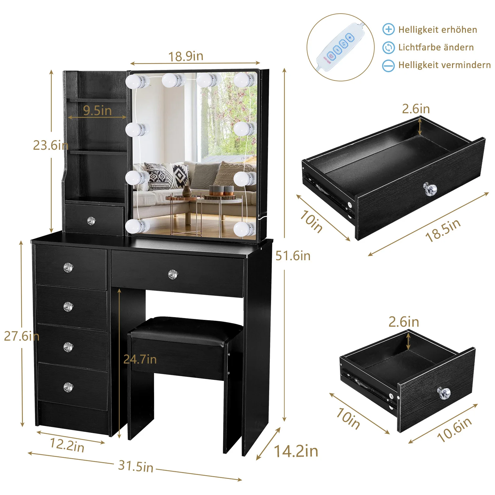 Rustic Wooden Makeup Vanity with Lit Mirror: Three Adjustable Lights, Drawers & Storage Shelves