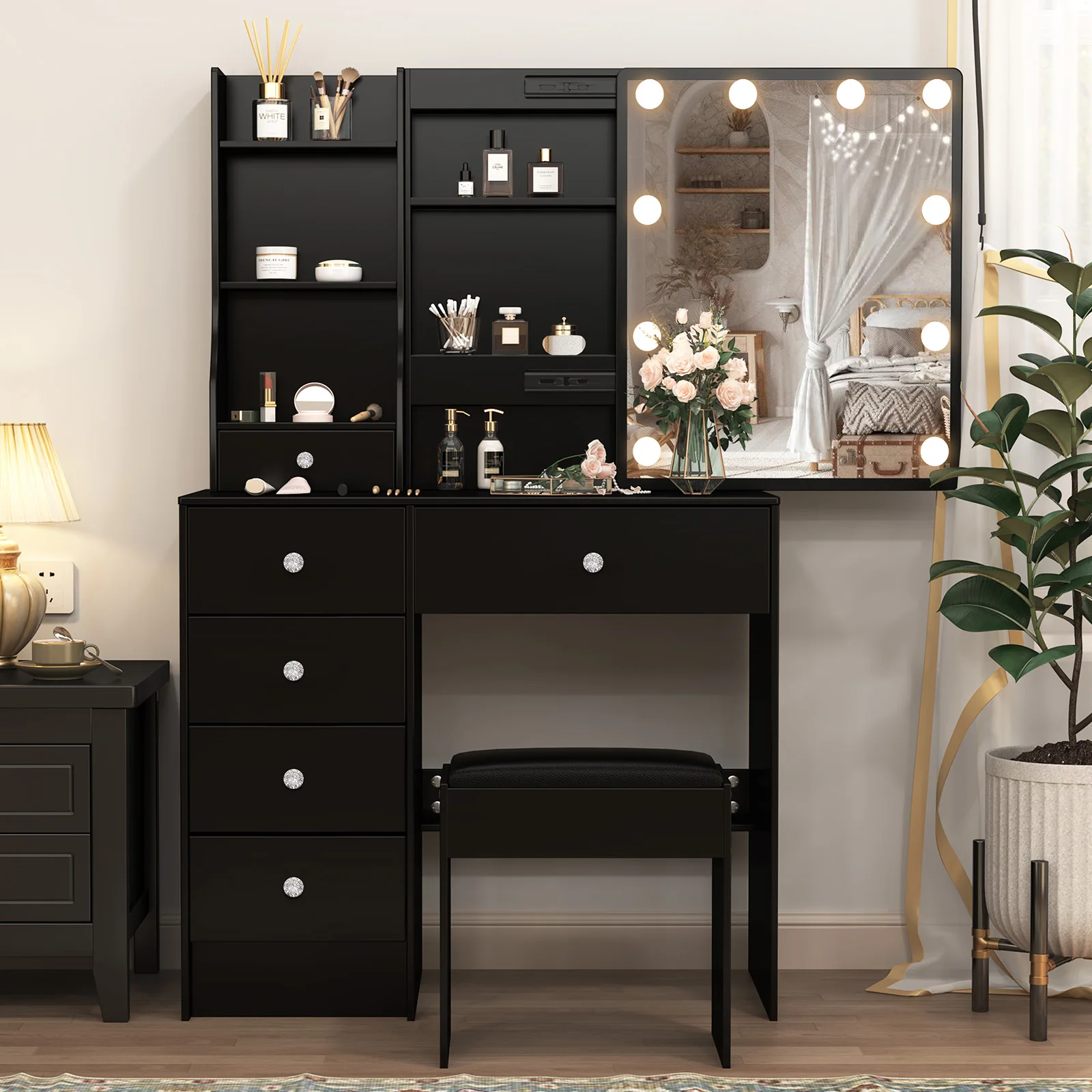 Rustic Wooden Makeup Vanity with Lit Mirror: Three Adjustable Lights, Drawers & Storage Shelves