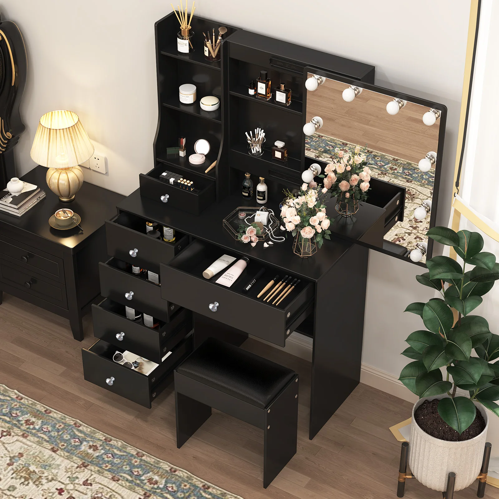 Rustic Wooden Makeup Vanity with Lit Mirror: Three Adjustable Lights, Drawers & Storage Shelves