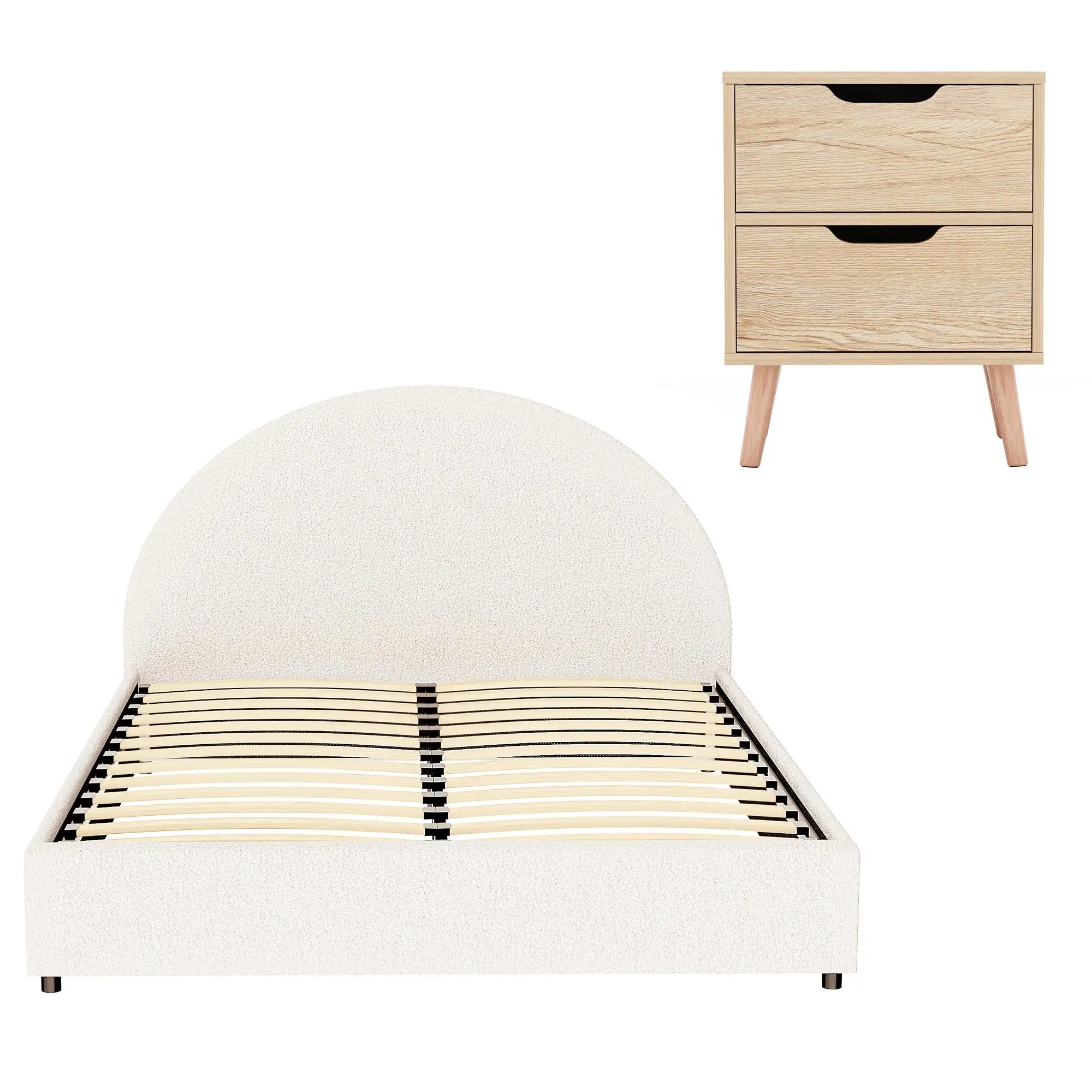 Gas Lift Queen Bed Frame with Matching Bedside Table Set Boucle Upholstered Platform Bed and Nightstand Storage Set
