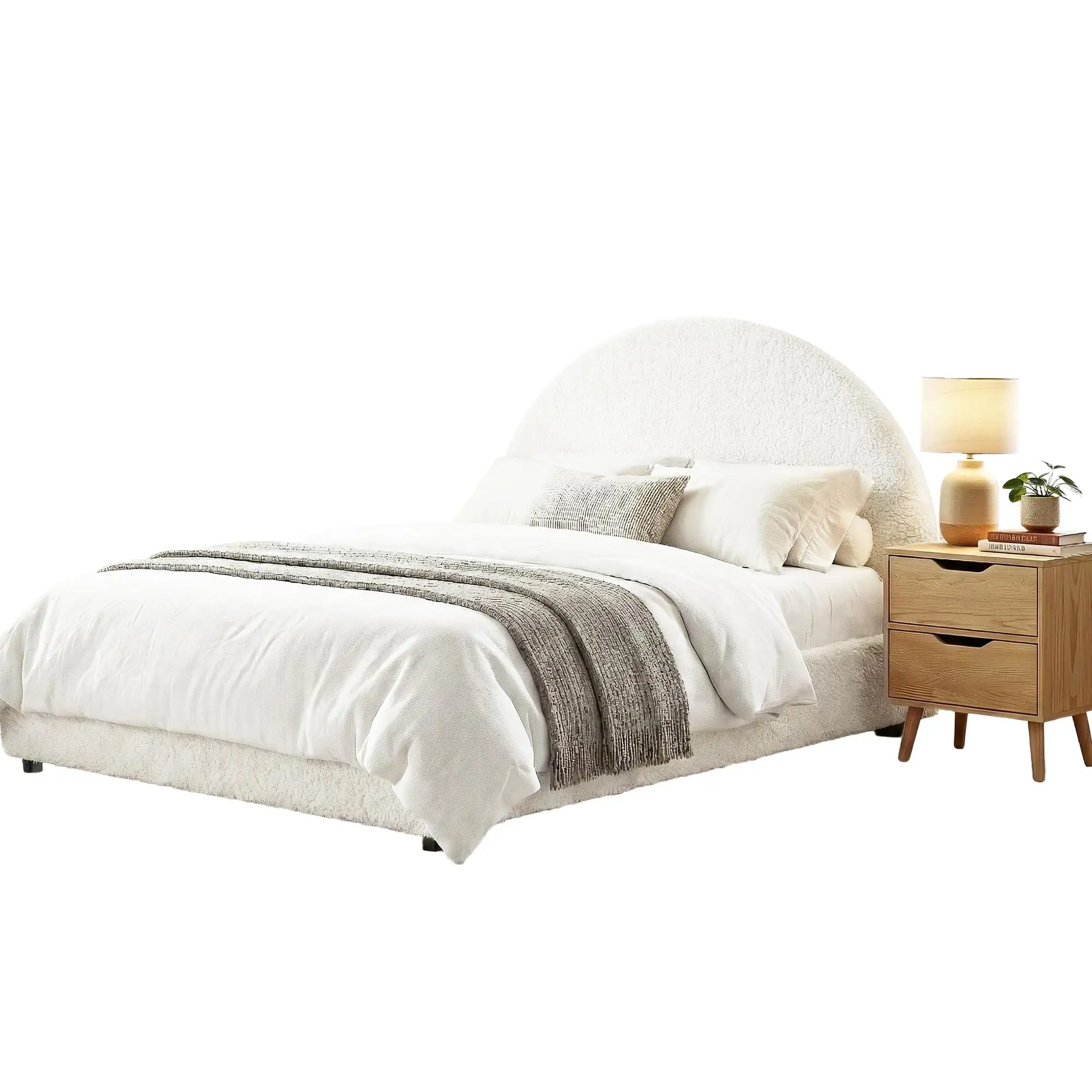 Gas Lift Queen Bed Frame with Matching Bedside Table Set Boucle Upholstered Platform Bed and Nightstand Storage Set