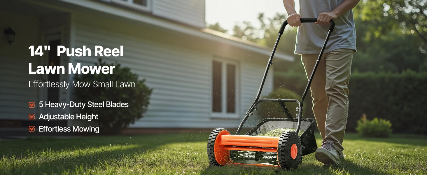 SucceBuy Push Reel Lawn Mower 14 inch 5 Blades Mower No 0.6-1.75 Mowers w/ Grass Catcher Bag to Green Lawns Driveways Courtyard