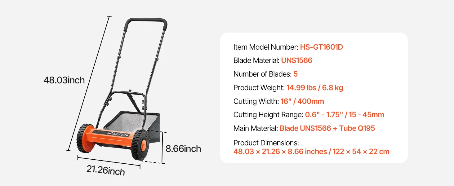SucceBuy Push Reel Lawn Mower 14 inch 5 Blades Mower No 0.6-1.75 Mowers w/ Grass Catcher Bag to Green Lawns Driveways Courtyard