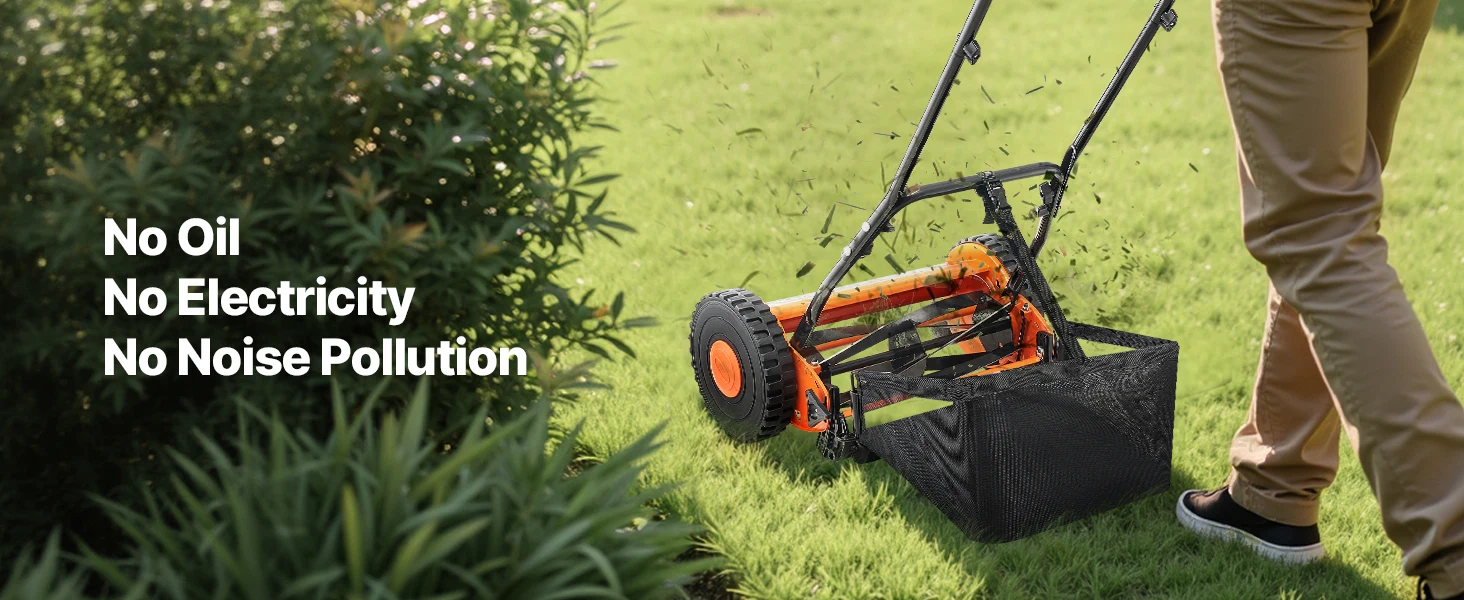SucceBuy Push Reel Lawn Mower 14 inch 5 Blades Mower No 0.6-1.75 Mowers w/ Grass Catcher Bag to Green Lawns Driveways Courtyard