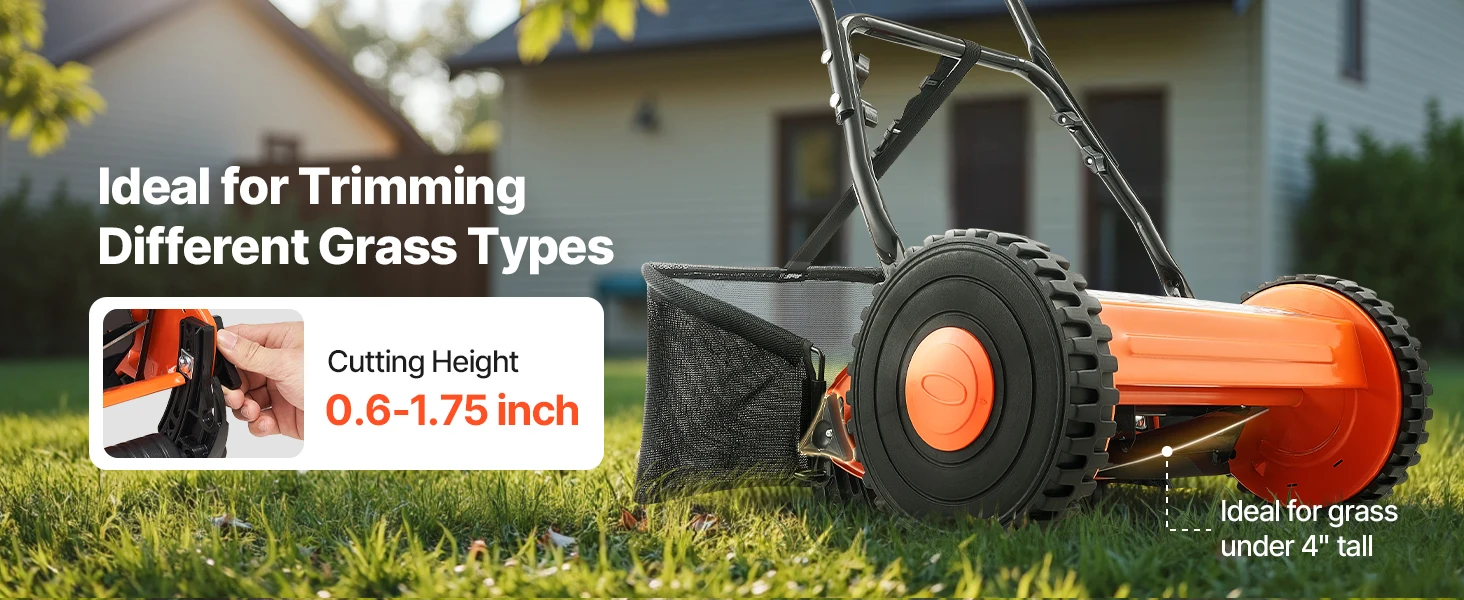 SucceBuy Push Reel Lawn Mower 14 inch 5 Blades Mower No 0.6-1.75 Mowers w/ Grass Catcher Bag to Green Lawns Driveways Courtyard