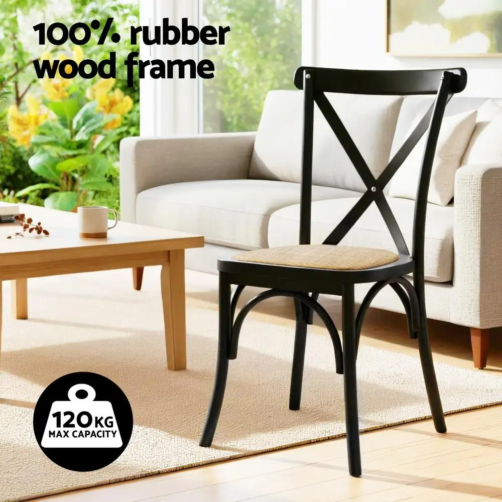 2 Pack Rattan Dining Chairs Wooden Frame Kitchen Accent Chairs Cafe Lounge Rubber Wood