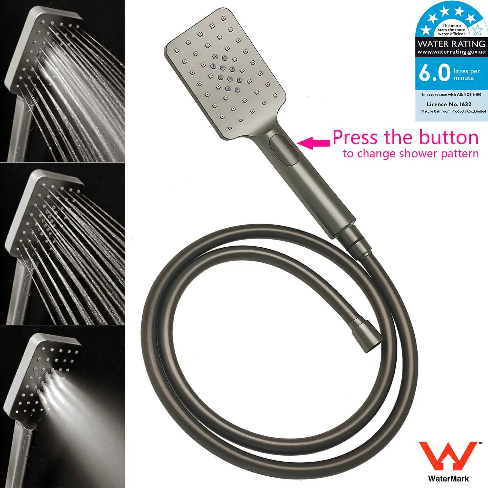 **Sydney Stock** KYLINS Brushed Gold Gun Metal Chrome Black 3 Mode Hand Held Shower Head Set Square Mixer Taps WELS WATERMARK