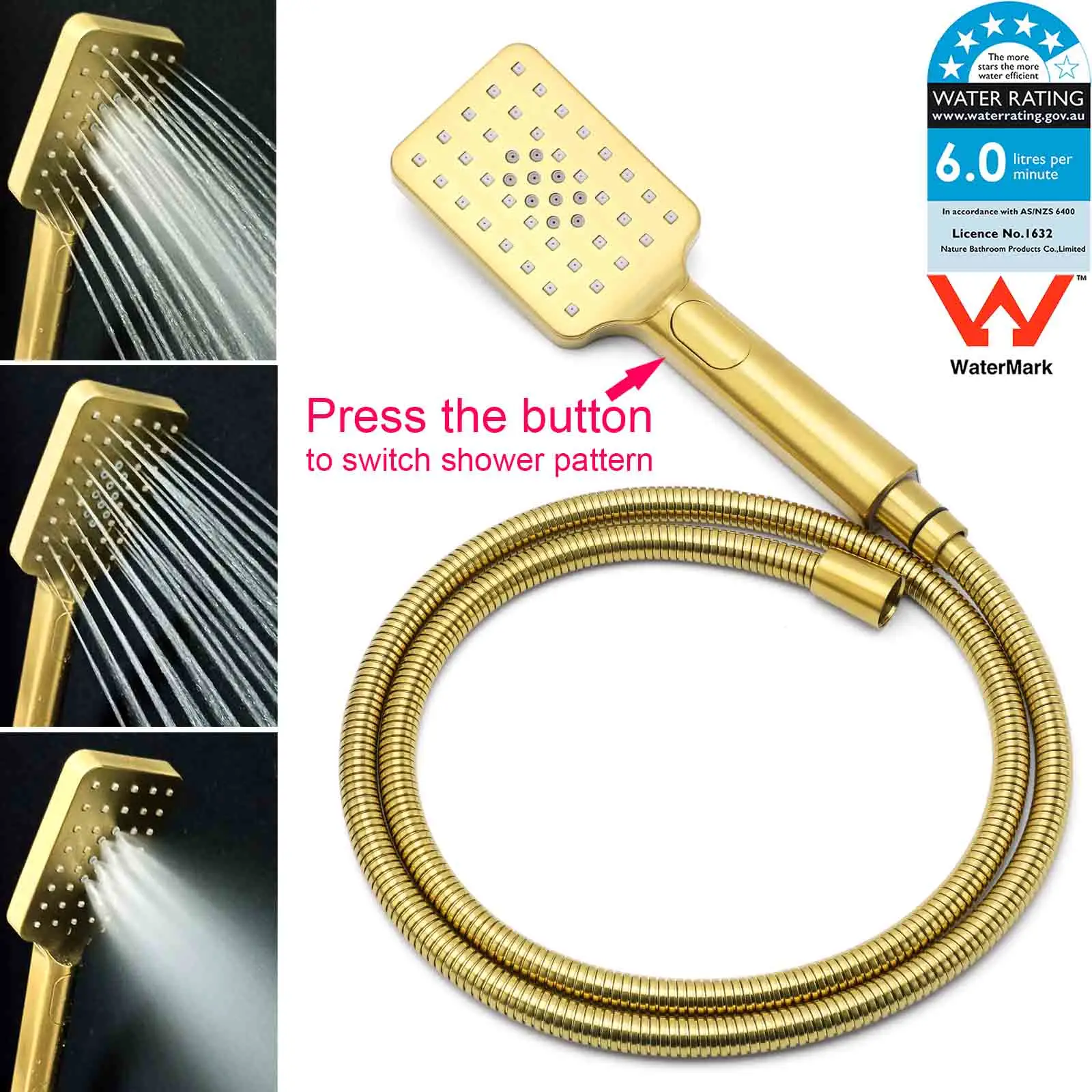 **Sydney Stock** KYLINS Brushed Gold Gun Metal Chrome Black 3 Mode Hand Held Shower Head Set Square Mixer Taps WELS WATERMARK