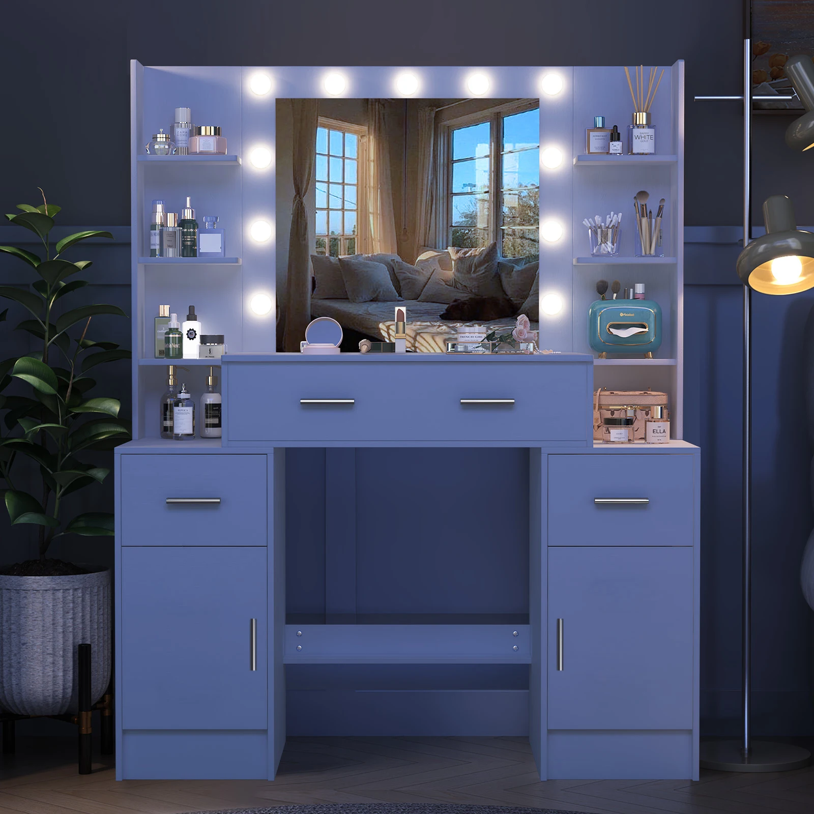 Teousev White Wood Vanity Table Set, 3 Light Modes Adjustable LED Bulbs Mirror, 3 Drawers 2 Cabinets Bedroom Dresser