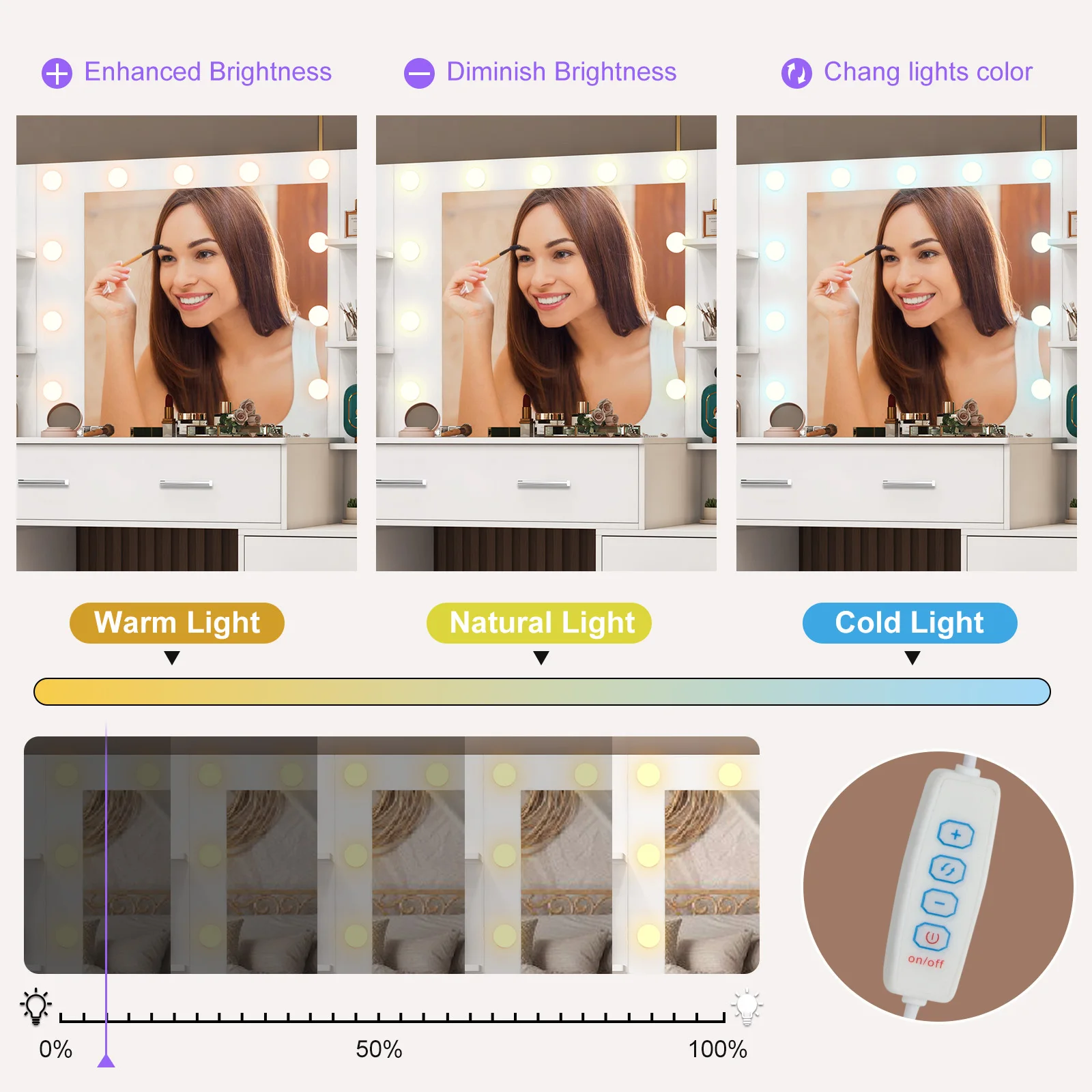 Teousev White Wood Vanity Table Set, 3 Light Modes Adjustable LED Bulbs Mirror, 3 Drawers 2 Cabinets Bedroom Dresser