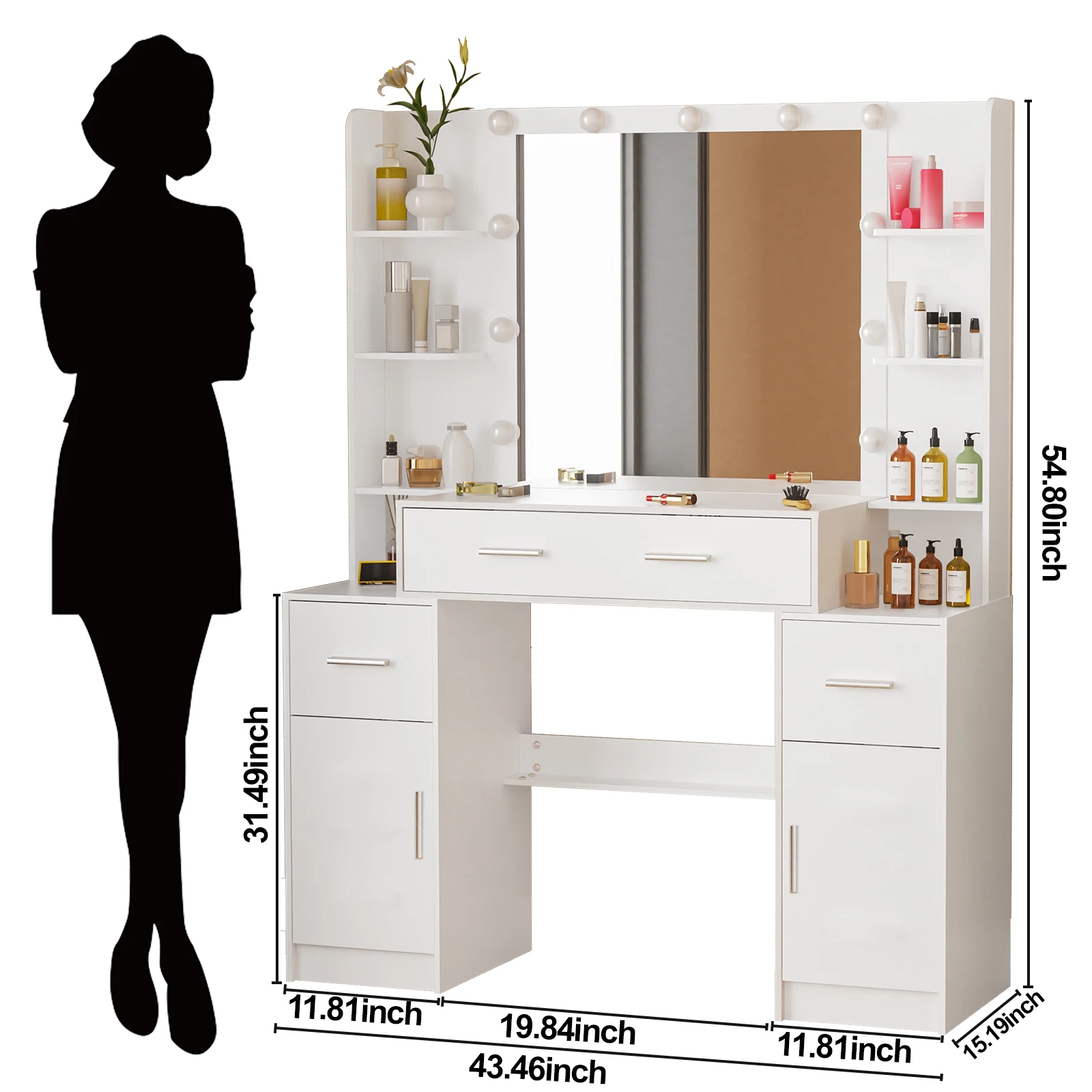 Teousev White Wood Vanity Table Set, 3 Light Modes Adjustable LED Bulbs Mirror, 3 Drawers 2 Cabinets Bedroom Dresser