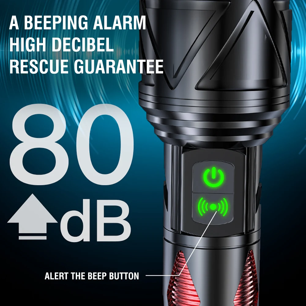 BORUiT 1000LM Long Range Zoomable LED Flashlight with 80DB Buzzer Type-C Rchargeable 26650 Battery Power Bank Torch Waterproof Home Emergency Camping Lantern