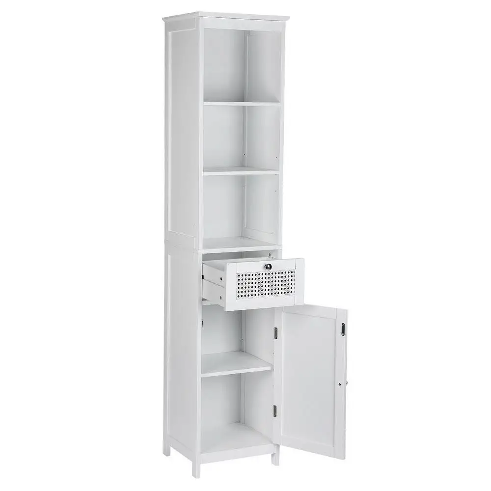 Bathroom Cabinet Storage 161cm White Rattan Tallboy Toilet Cupboard Freestanding Narrow Bathroom Organizer Shelf with Doors and Adjustable Shelves
