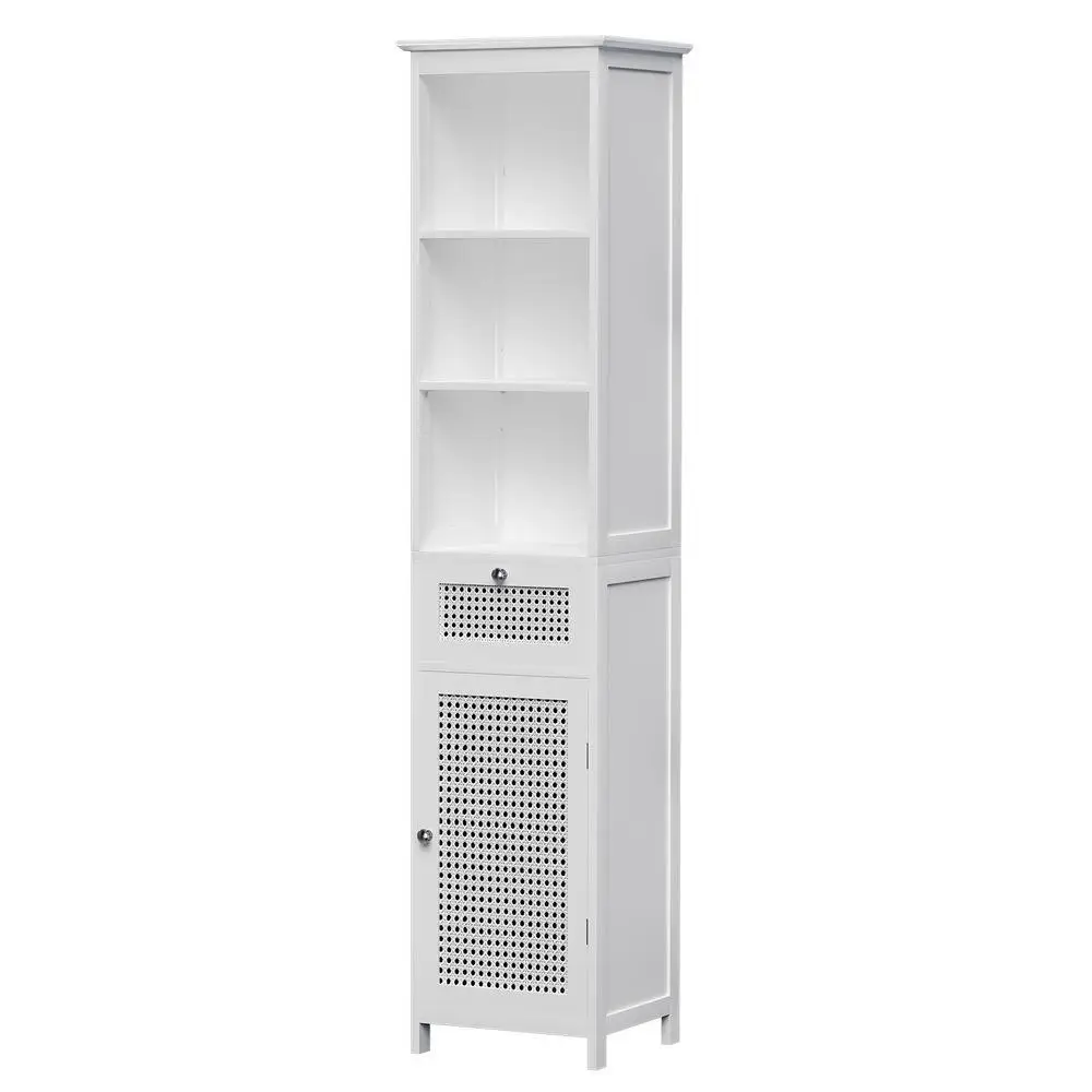 Bathroom Cabinet Storage 161cm White Rattan Tallboy Toilet Cupboard Freestanding Narrow Bathroom Organizer Shelf with Doors and Adjustable Shelves