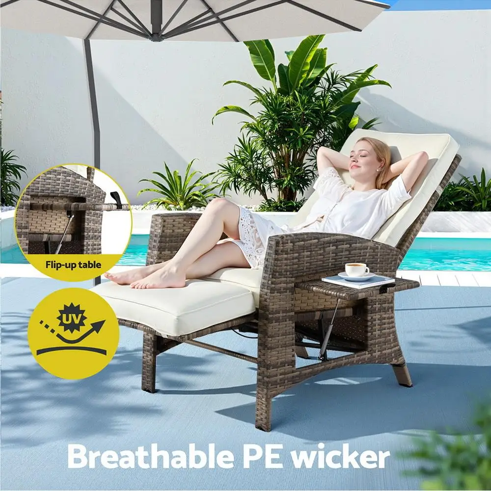 Outdoor Wicker Recliner Chair Adjustable Sun Lounger Patio Furniture Brown Cushionless Leisure Lounge Chair
