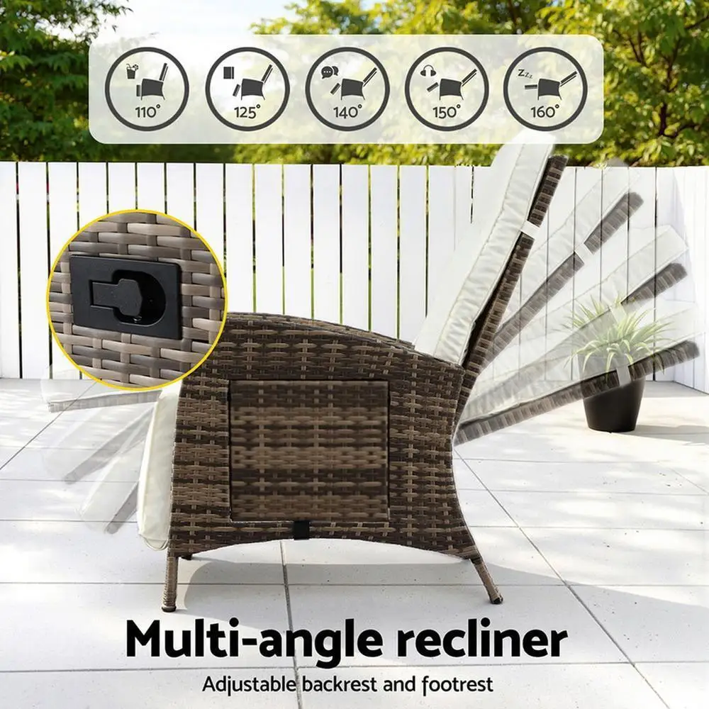 Outdoor Wicker Recliner Chair Adjustable Sun Lounger Patio Furniture Brown Cushionless Leisure Lounge Chair