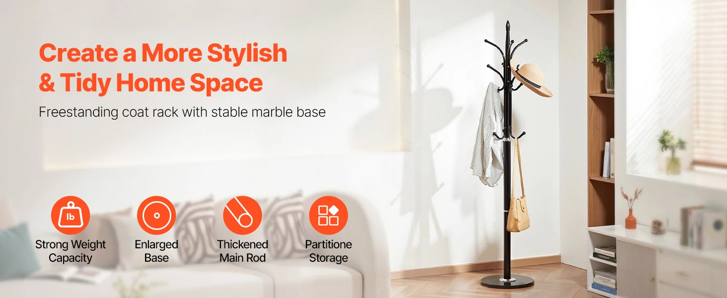 SucceBuy Coat Rack Freestanding Coats Tree Stand with Stable Marble Base&6 Hooks Free Standing Hall Coat Rack for Bedroom Office