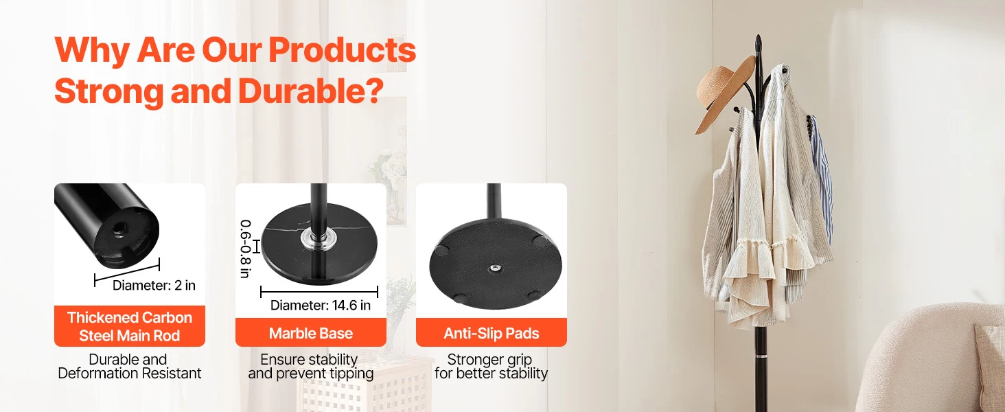 SucceBuy Coat Rack Freestanding Coats Tree Stand with Stable Marble Base&6 Hooks Free Standing Hall Coat Rack for Bedroom Office