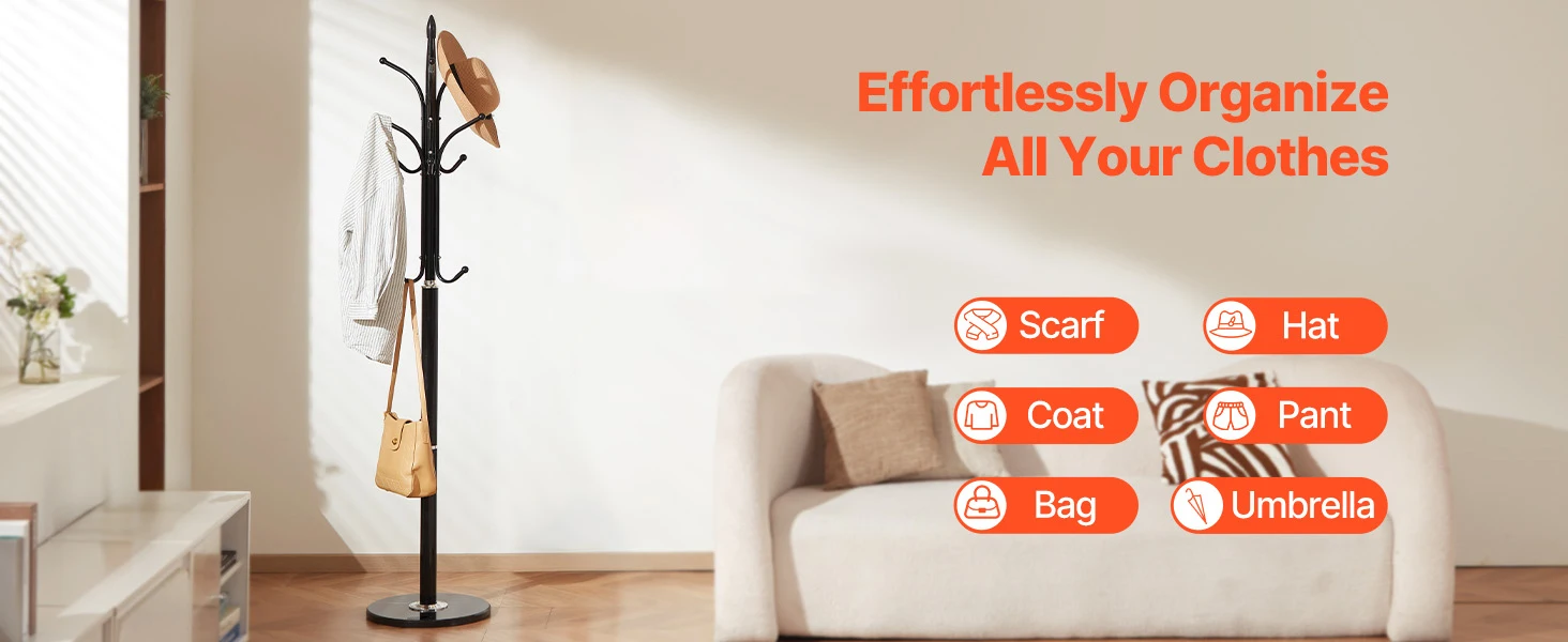 SucceBuy Coat Rack Freestanding Coats Tree Stand with Stable Marble Base&6 Hooks Free Standing Hall Coat Rack for Bedroom Office