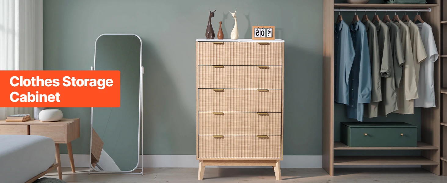 SucceBuy 5/6 Fluted Drawer Dresser Wooden Chest of Drawers with Sliding & Anti-tip Device for Living Room Hallway Light Wood