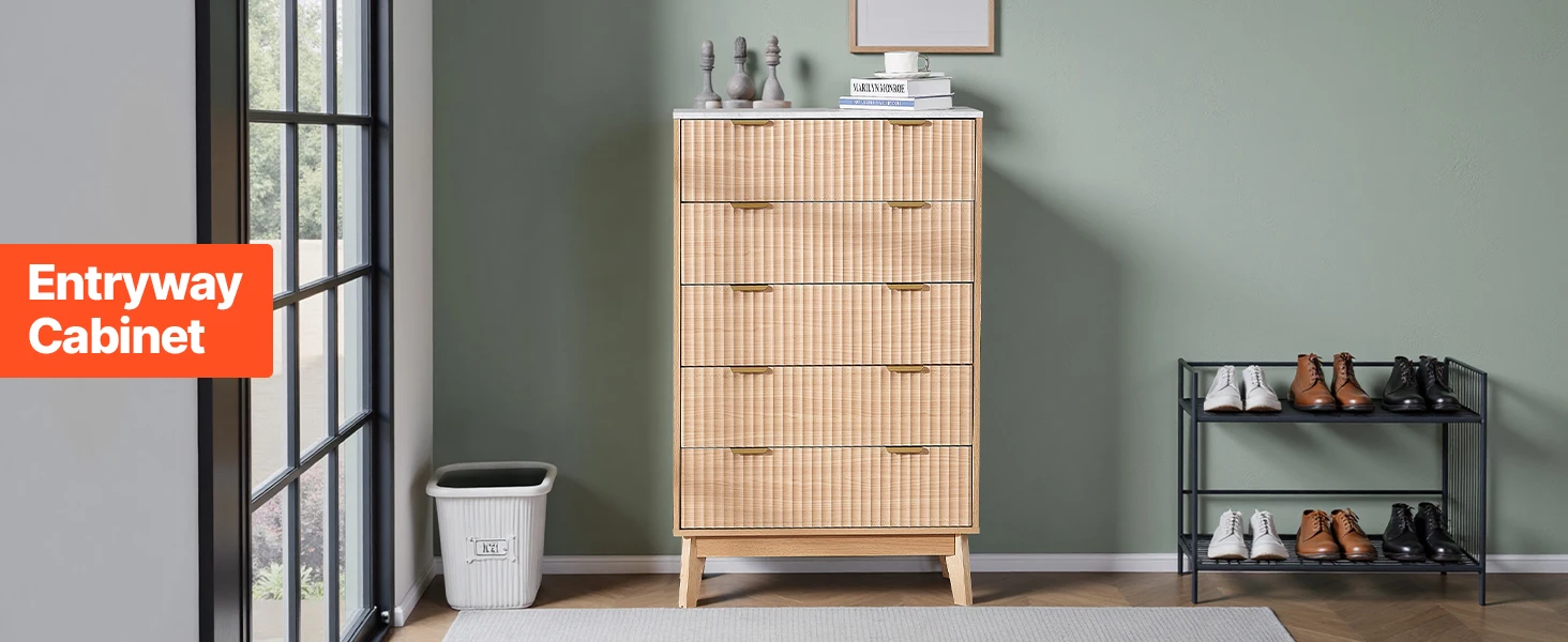 SucceBuy 5/6 Fluted Drawer Dresser Wooden Chest of Drawers with Sliding & Anti-tip Device for Living Room Hallway Light Wood