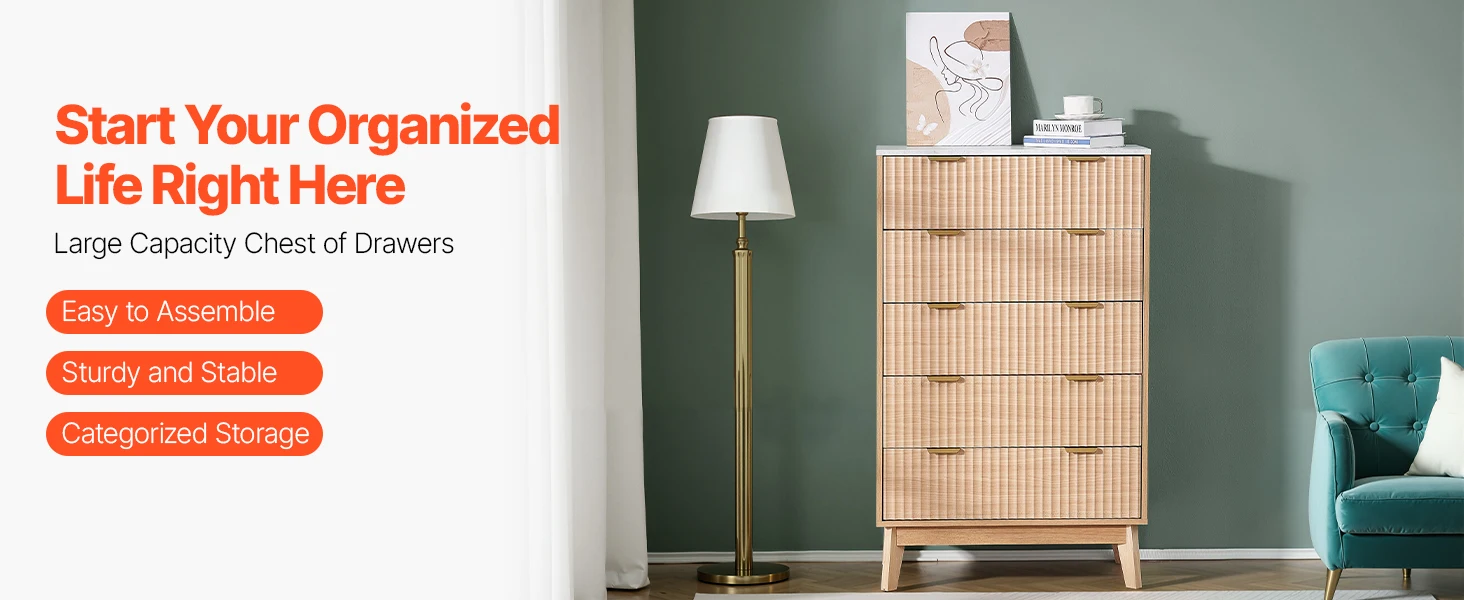 SucceBuy 5/6 Fluted Drawer Dresser Wooden Chest of Drawers with Sliding & Anti-tip Device for Living Room Hallway Light Wood