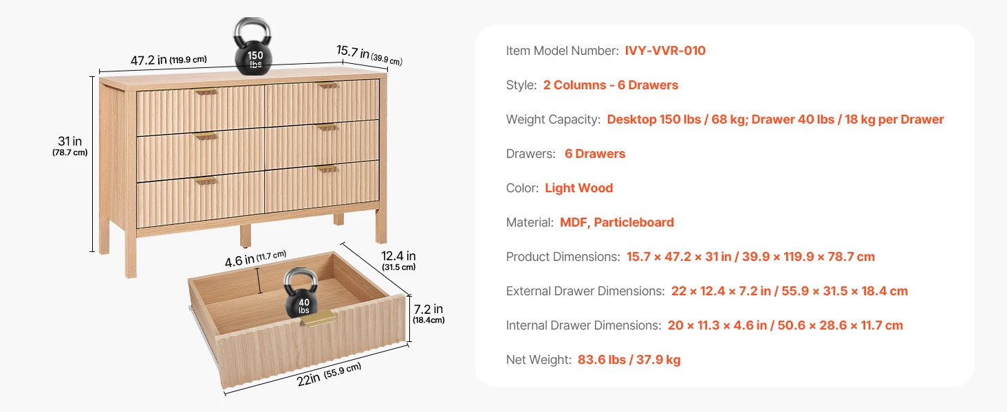 SucceBuy 5/6 Fluted Drawer Dresser Wooden Chest of Drawers with Sliding & Anti-tip Device for Living Room Hallway Light Wood