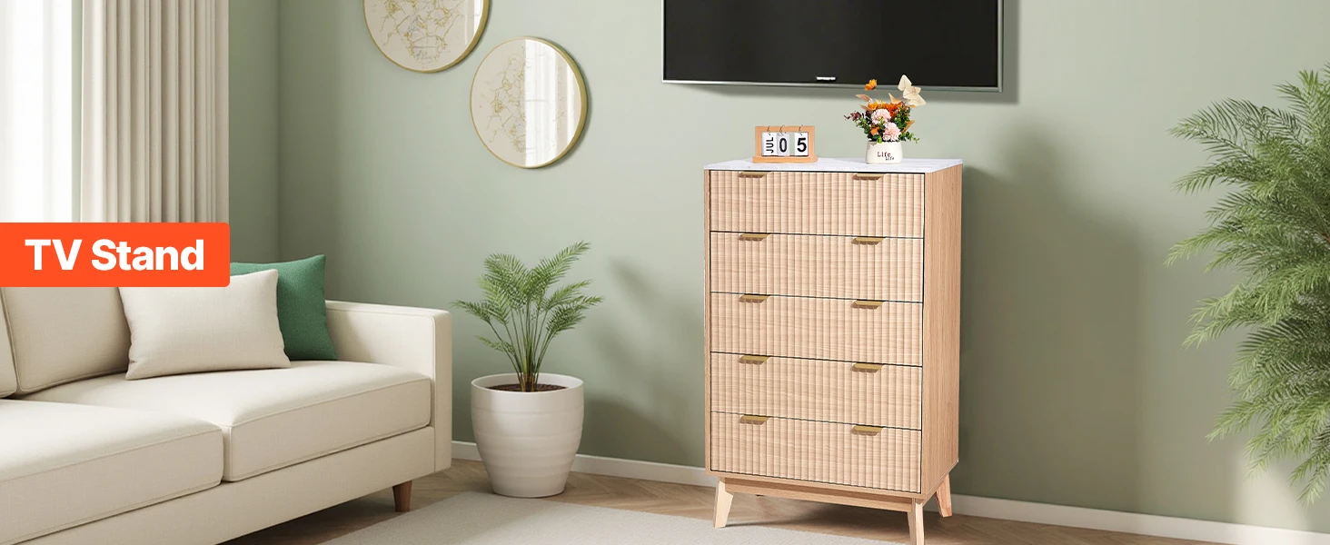 SucceBuy 5/6 Fluted Drawer Dresser Wooden Chest of Drawers with Sliding & Anti-tip Device for Living Room Hallway Light Wood