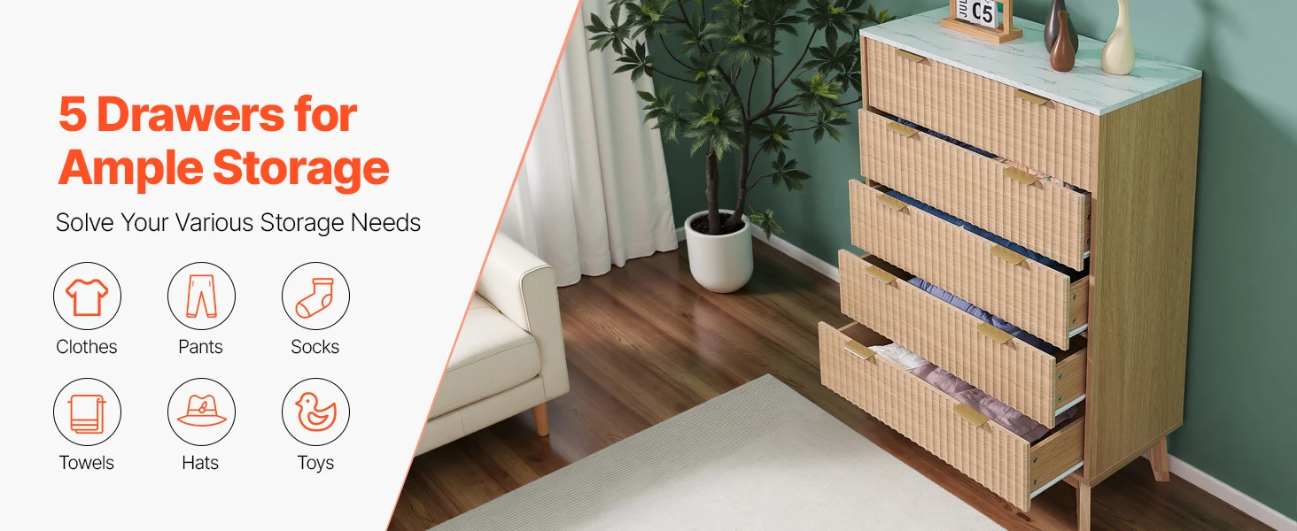 SucceBuy 5/6 Fluted Drawer Dresser Wooden Chest of Drawers with Sliding & Anti-tip Device for Living Room Hallway Light Wood