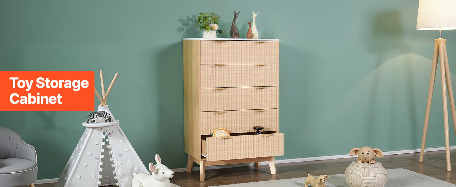 SucceBuy 5/6 Fluted Drawer Dresser Wooden Chest of Drawers with Sliding & Anti-tip Device for Living Room Hallway Light Wood
