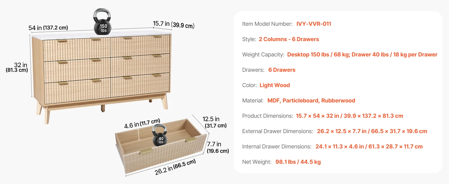 SucceBuy 5/6 Fluted Drawer Dresser Wooden Chest of Drawers with Sliding & Anti-tip Device for Living Room Hallway Light Wood