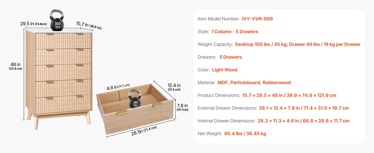 SucceBuy 5/6 Fluted Drawer Dresser Wooden Chest of Drawers with Sliding & Anti-tip Device for Living Room Hallway Light Wood