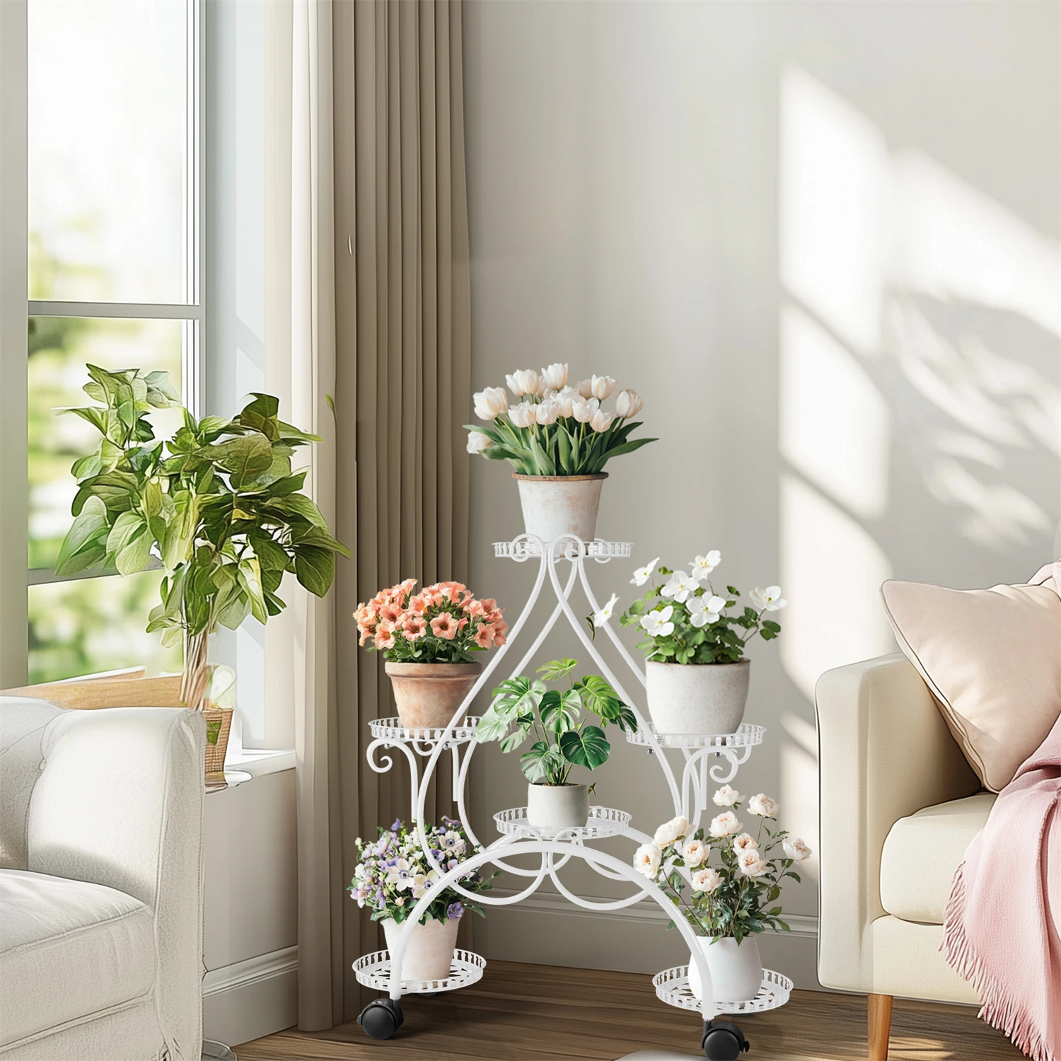 6 Potted Metal Plant Stand Garden Cart with Wheel for Living Room Balcony Garden Flower Pot Plant Holder Display Rack