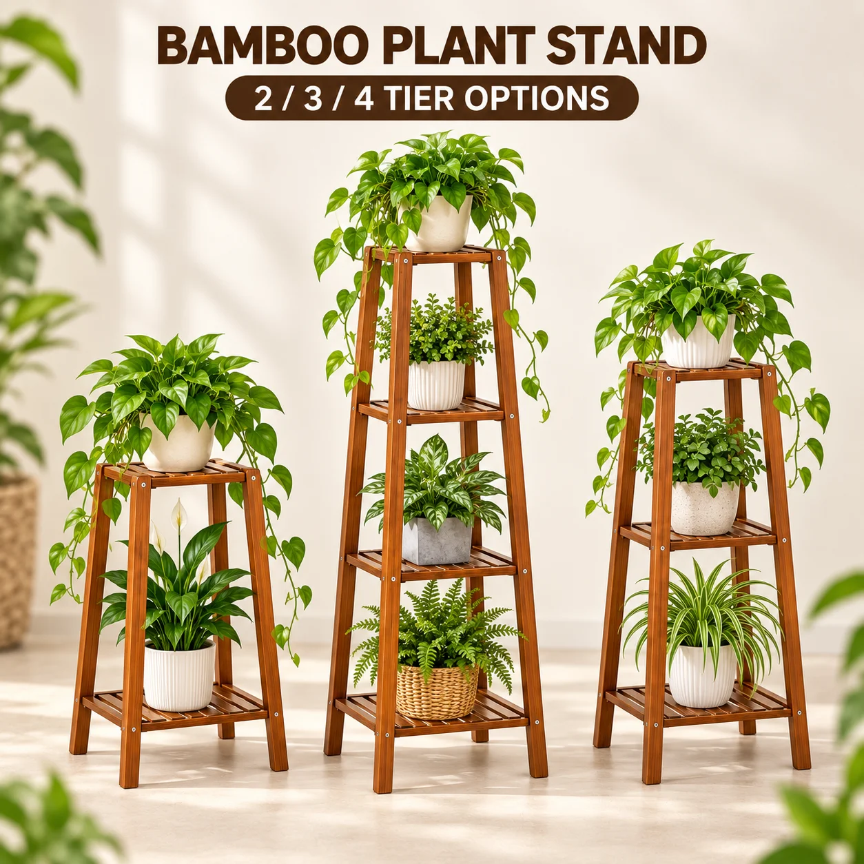Tall Bamboo Plant Stand, 2/3/4 Tier Flower Pot Display Shelf, Indoor Outdoor Plant Rack for Balcony Patio Garden