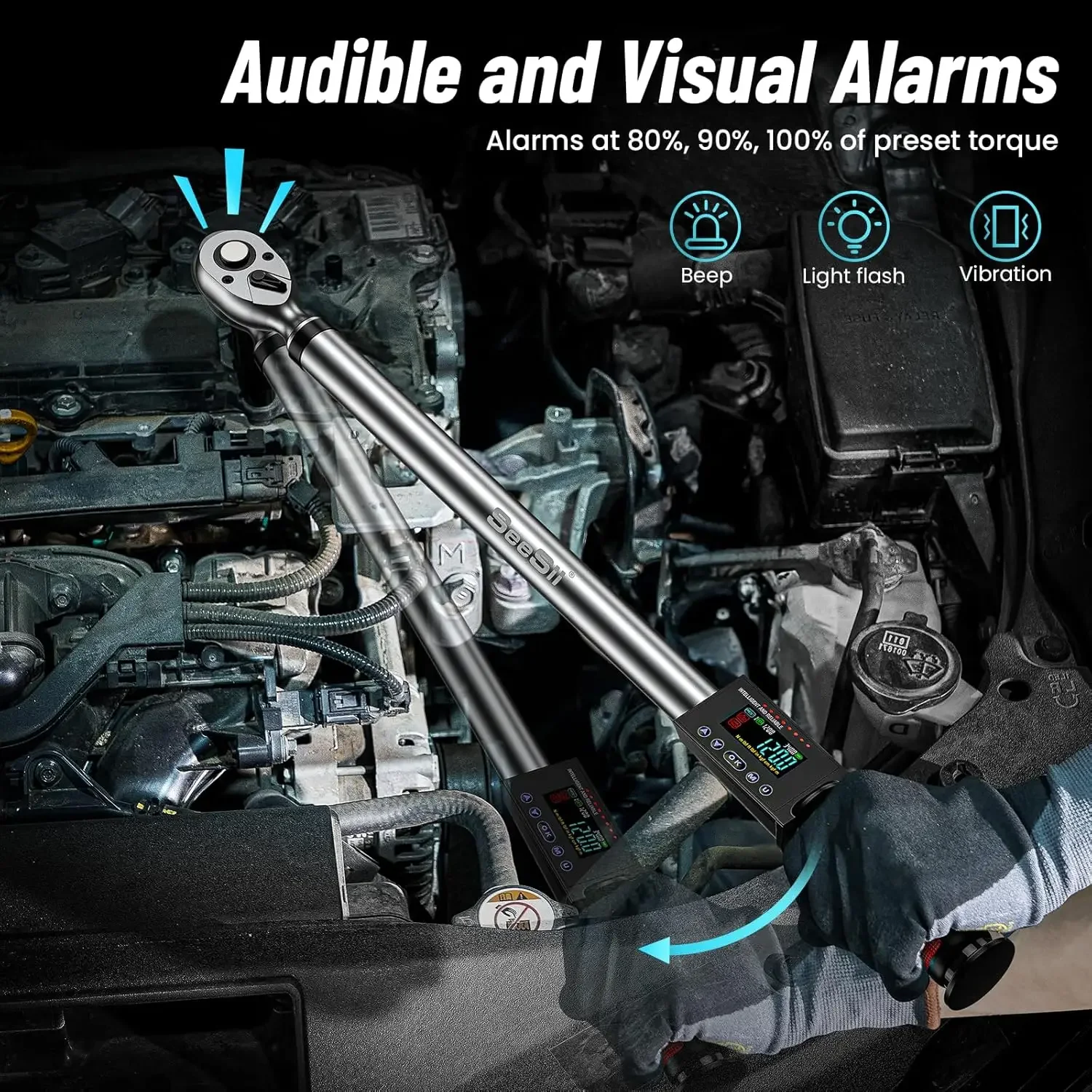 Seesii 1/2"Digital Torque Wrench 340Nm Electric Wrench 2%Accuracy long Wrench w/LED light 3 Adjustable Modes for car Motorcycle