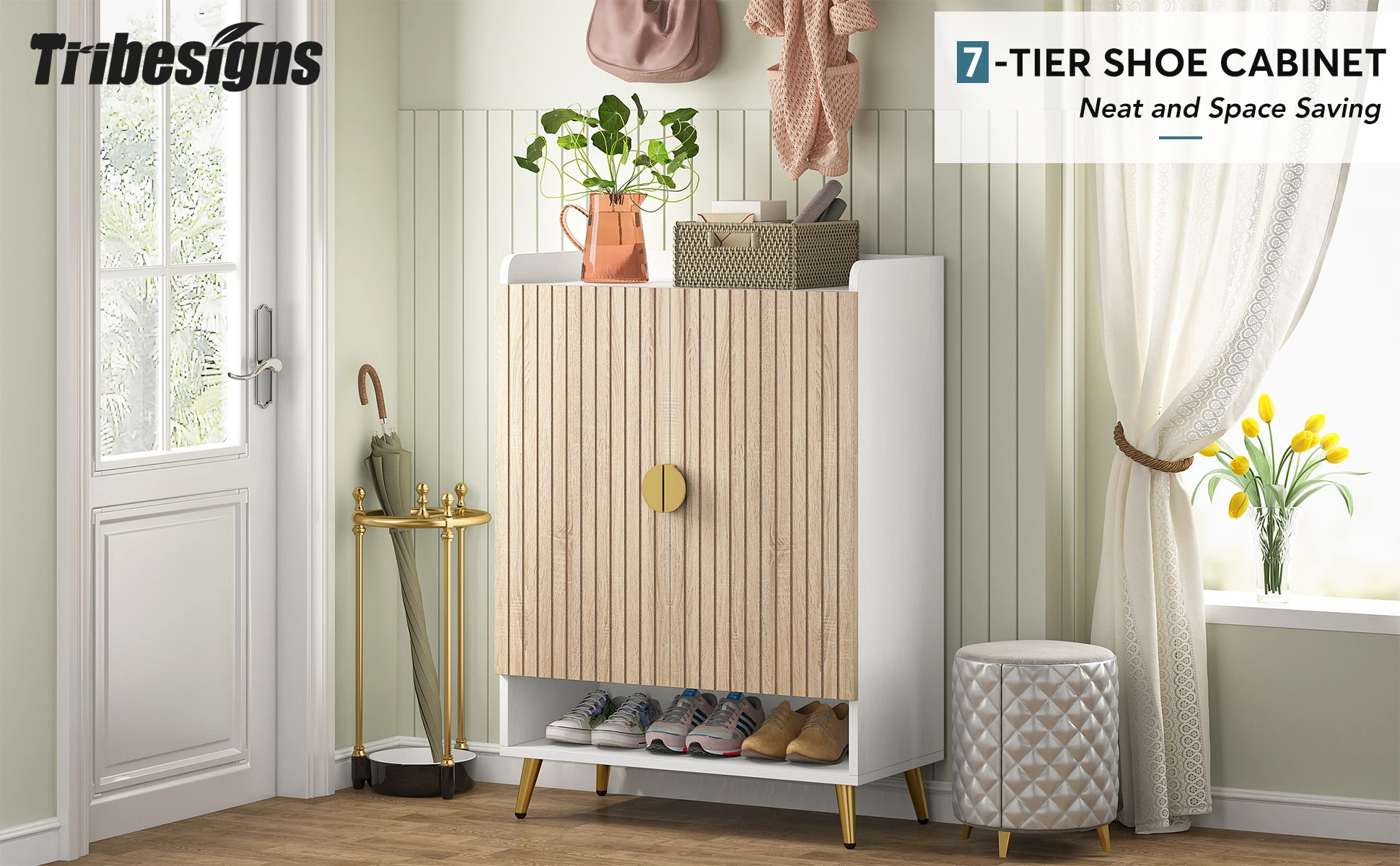 Tribesigns Shoe Cabinet with Doors, 7-Tier Shoe Storage Cabinet with Adjustable Shelves, Wooden Shoes Rack Shoe Storage Organize