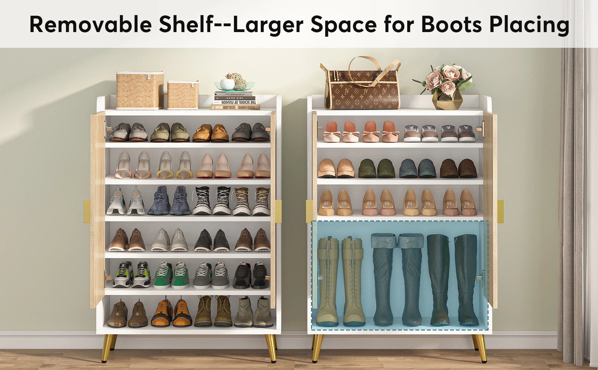 Tribesigns Shoe Cabinet with Doors, 7-Tier Shoe Storage Cabinet with Adjustable Shelves, Wooden Shoes Rack Shoe Storage Organize