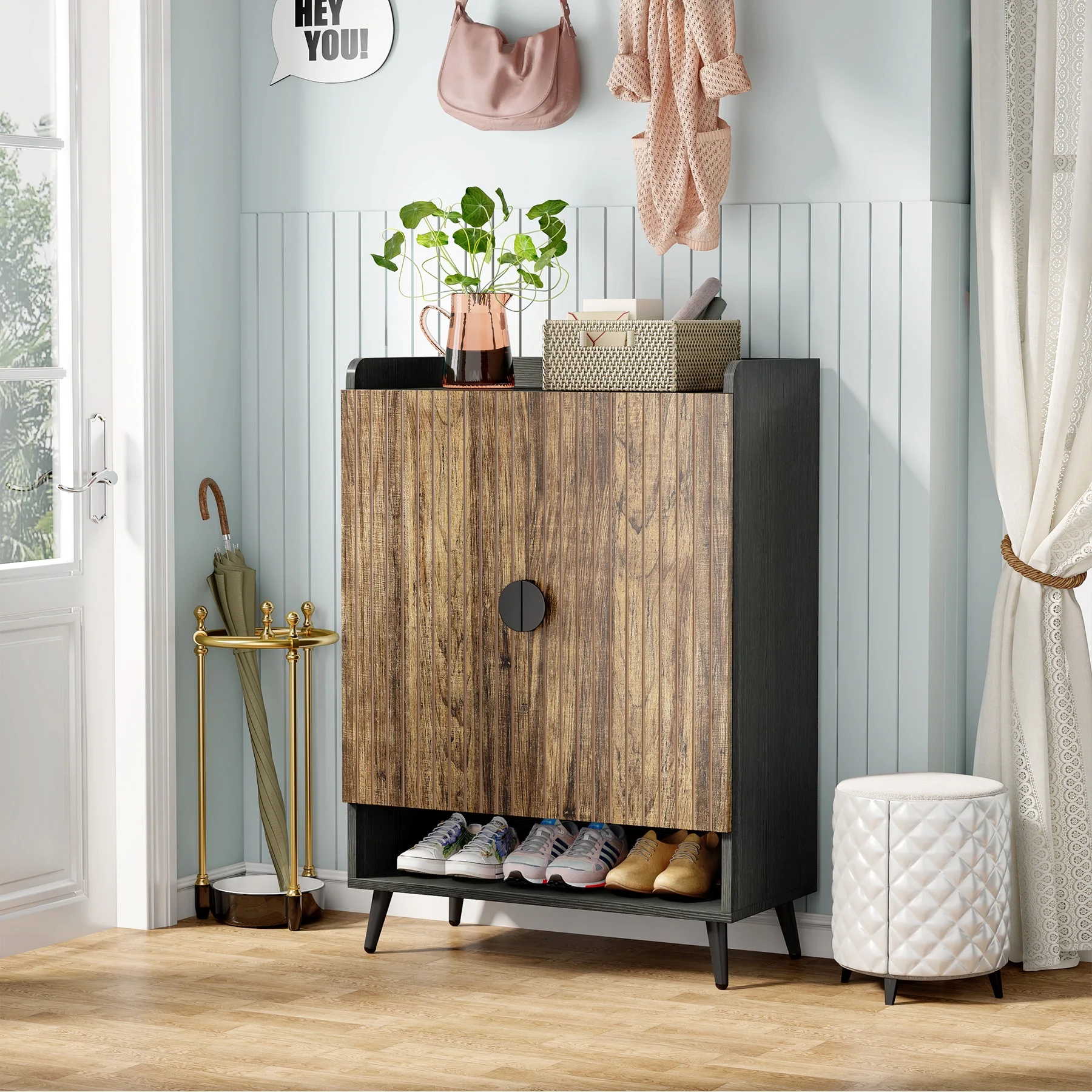 Tribesigns Shoe Cabinet with Doors, 7-Tier Shoe Storage Cabinet with Adjustable Shelves, Wooden Shoes Rack Shoe Storage Organize